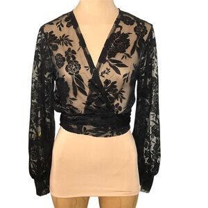 Amber Skies Black Sheer Floral Blouse Tie Waist Long Sleeve Goth Fairy Small